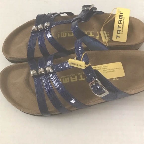 NEW BIRKENSTOCKS Blue Rhinestone Leather Suede Cork Sandals Tatami Size 38 US 7 - Picture 3 of 13